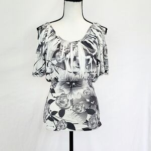 Voll Black & White Floral Cold Shoulder Top